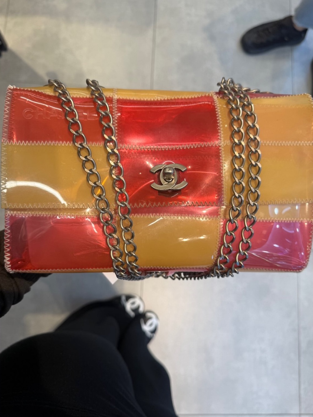 CHANEL Red and Yellow Patchwork PVC Chain Shoulder Bag